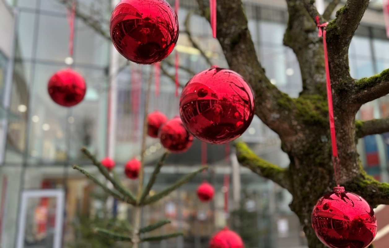 rote Weihnachtskugeln, Rathaus Leonding im Hintergrund