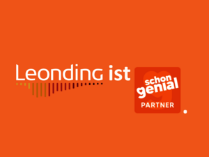 Das leondinger Logo auf einem orangen Hintergrund mit dem Logo von "schon genial"